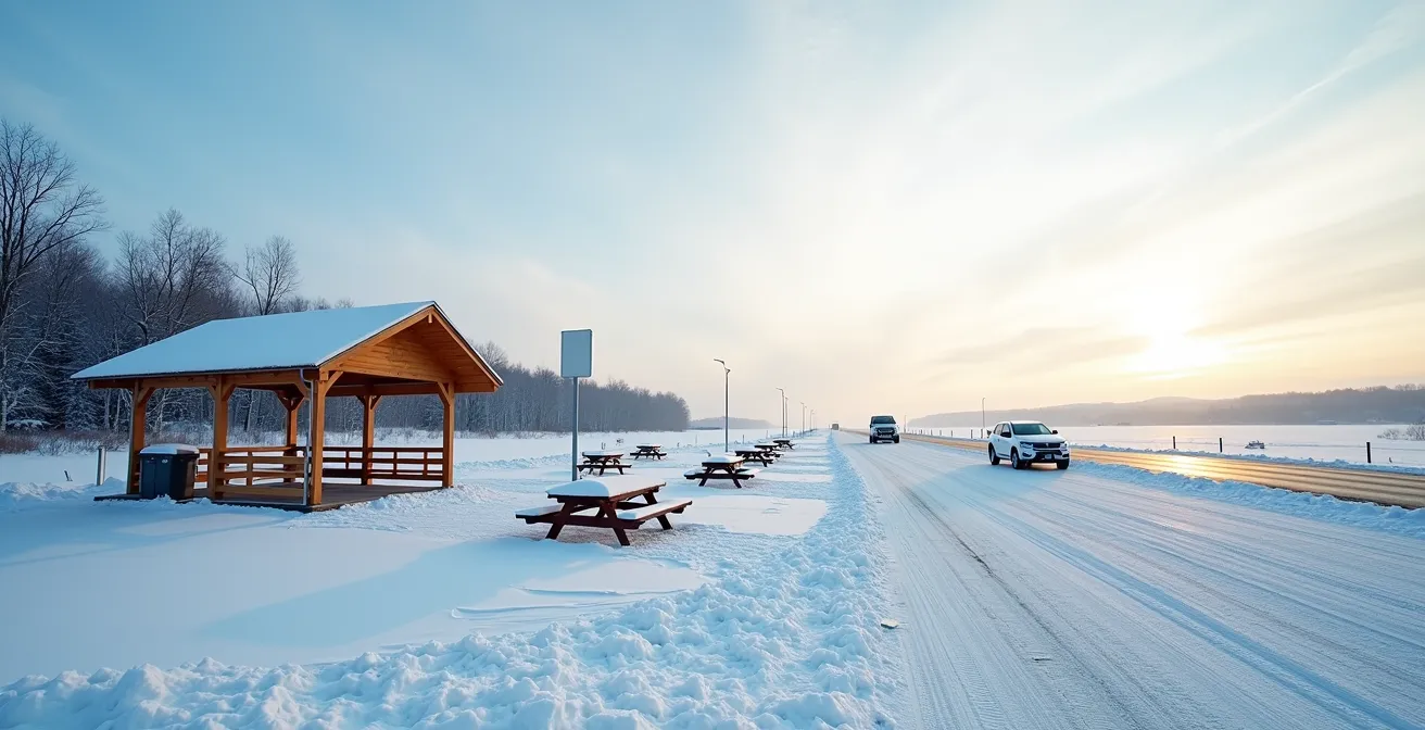 Vue large d'une aire de repos québécoise en hiver avec véhicules stationnés et paysage enneigé apaisant