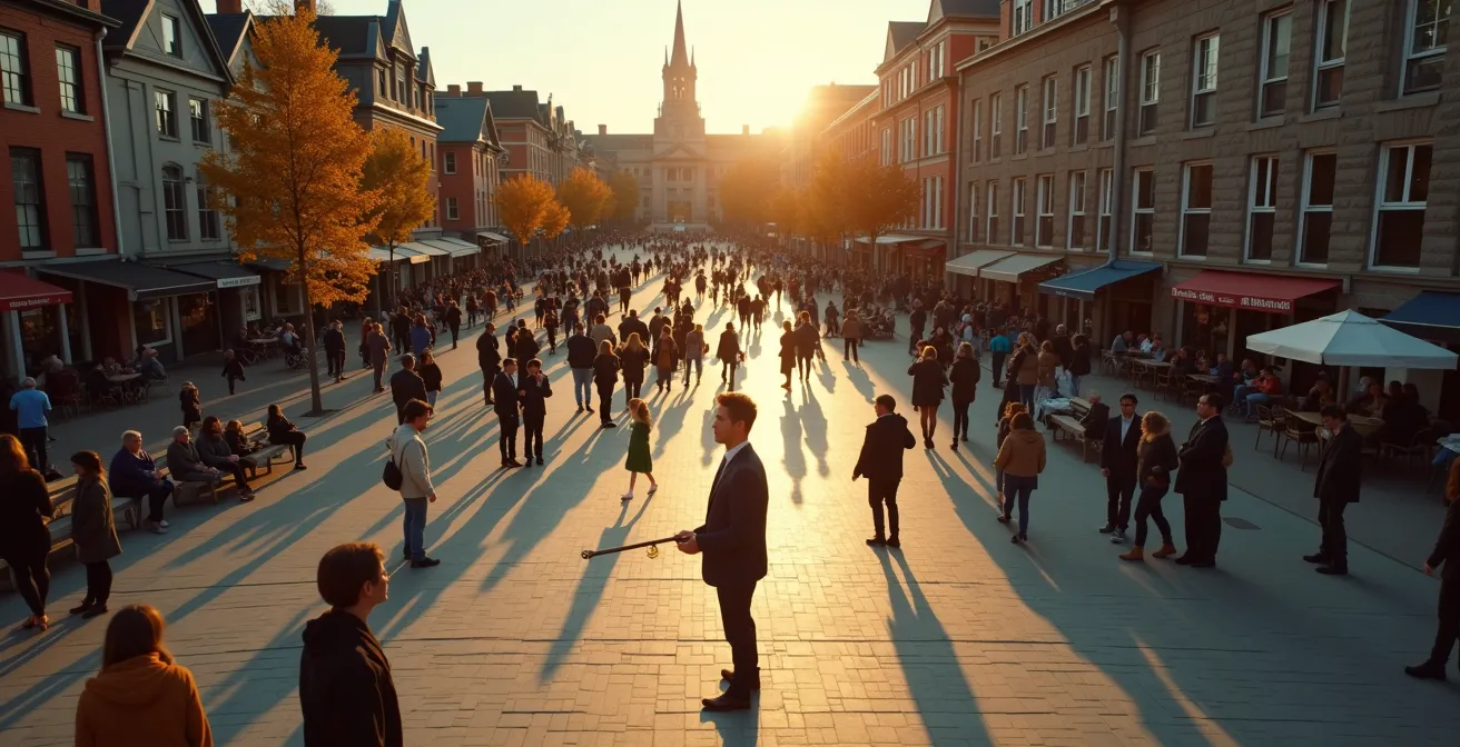 Vue en plongée d'une place publique montréalaise animée au crépuscule