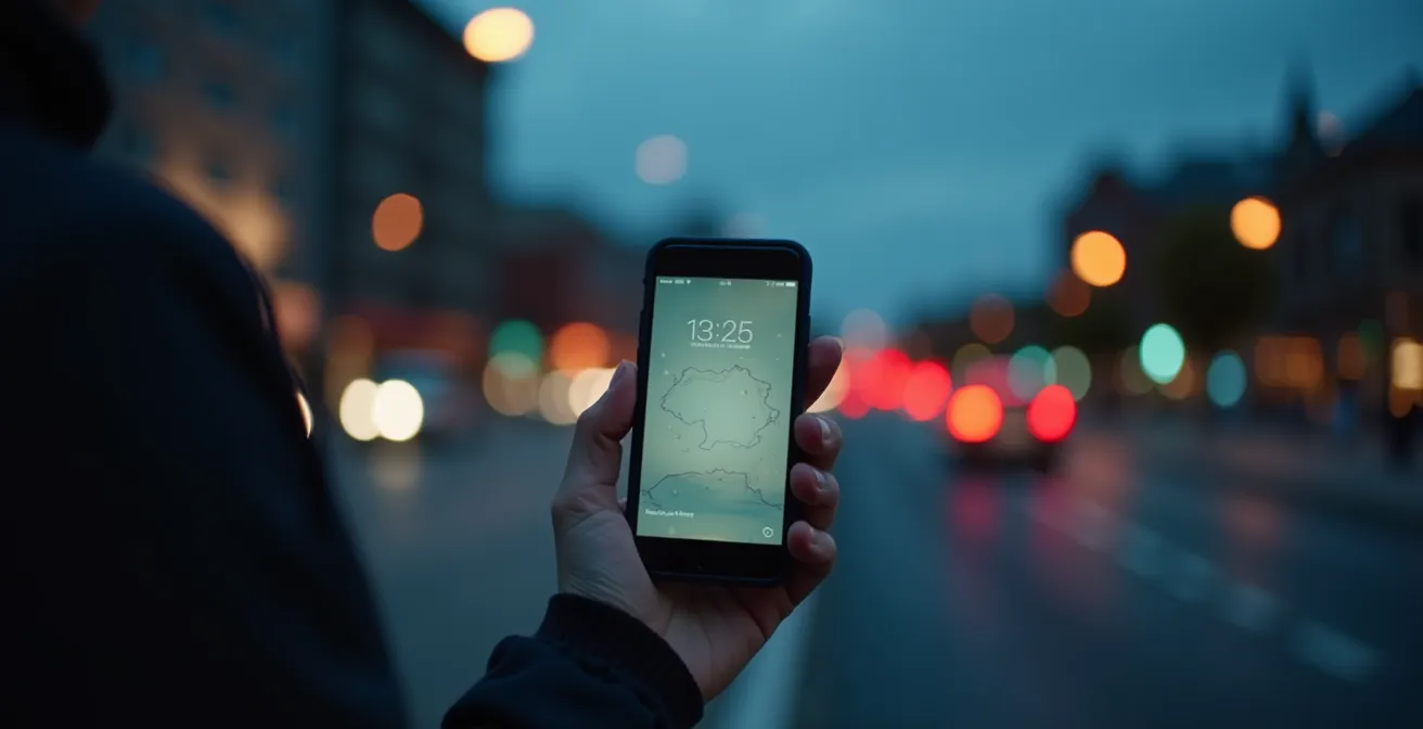 Main tenant un smartphone avec notifications floues dans environnement urbain québécois au crépuscule