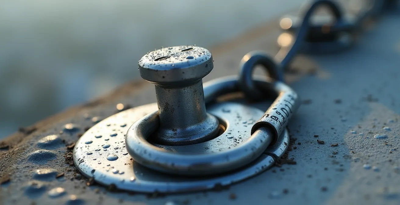 Système d'ancrage de harnais correctement installé sur un toit en construction