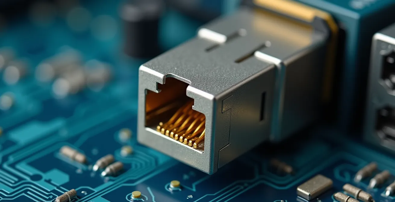 Vue macro d'un port réseau de caméra de surveillance avec connecteurs ONVIF