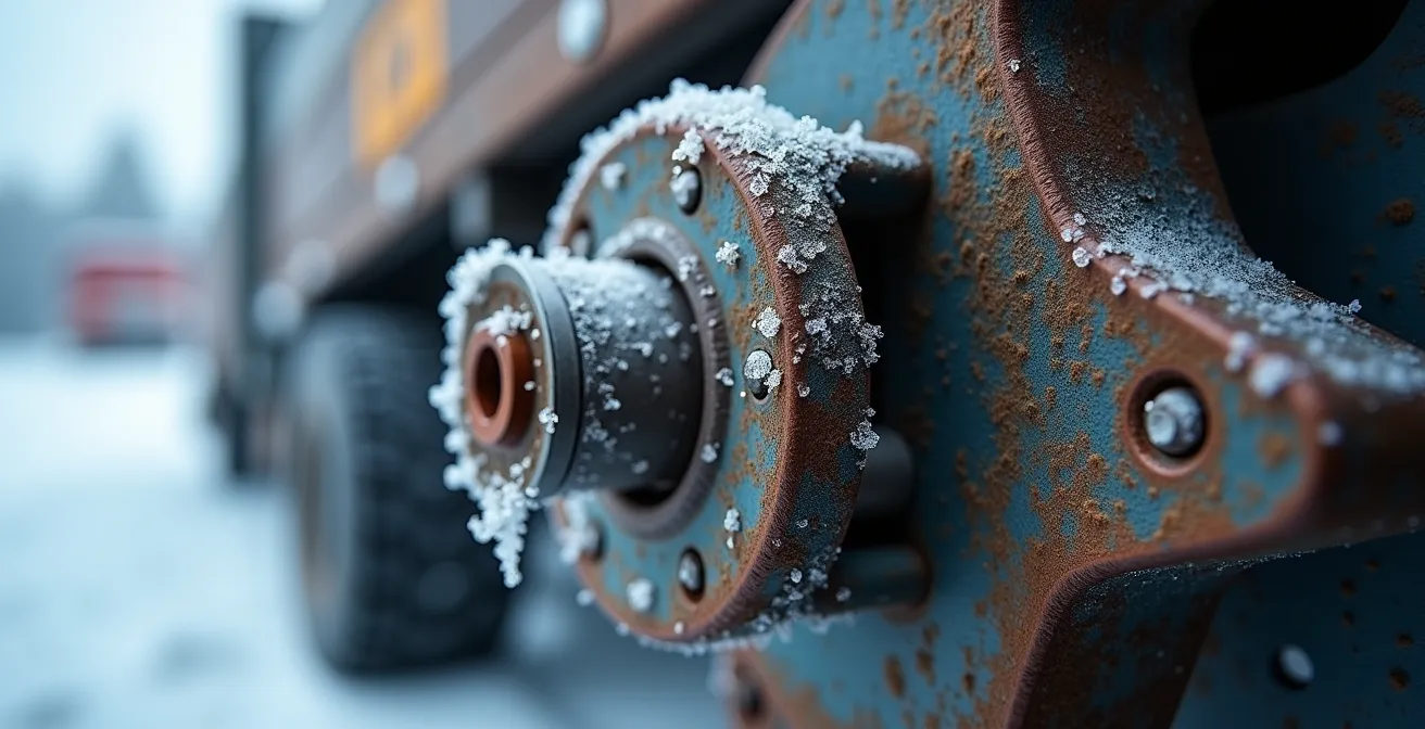 Technicien inspectant une barrière automatique industrielle en conditions hivernales québécoises