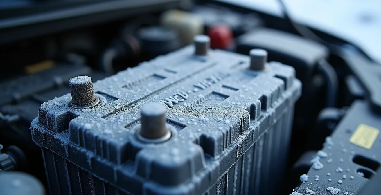 Gros plan sur une batterie de voiture couverte de givre dans un compartiment moteur