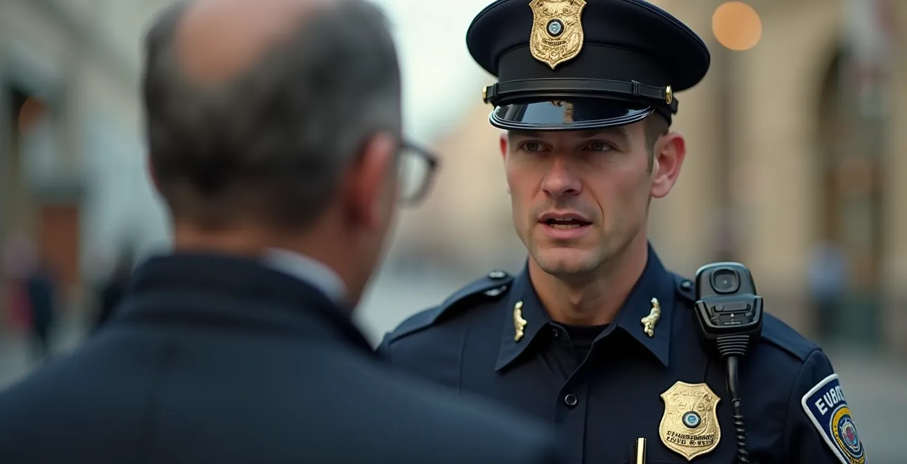 Gros plan sur l'uniforme d'un policier québécois avec une caméra corporelle visible