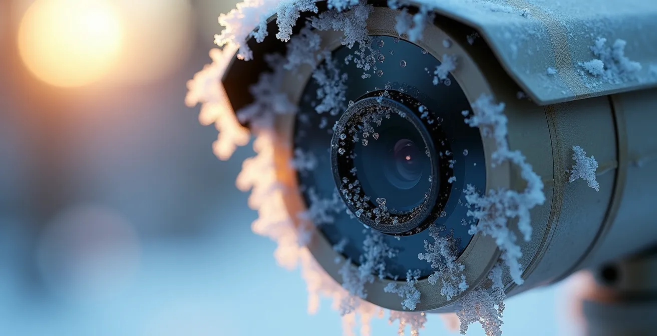 Gros plan sur une caméra de surveillance extérieure couverte de givre en hiver québécois