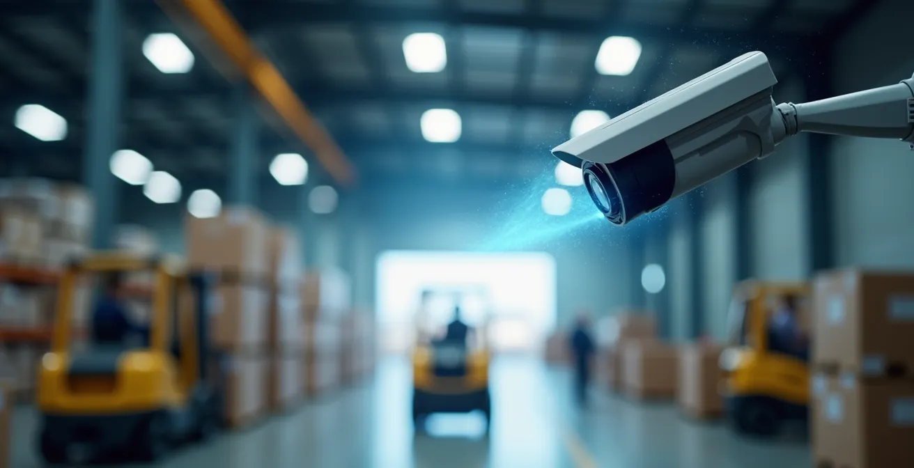 Système de caméra intelligente surveillant le chargement de palettes sur un quai d'expédition industriel