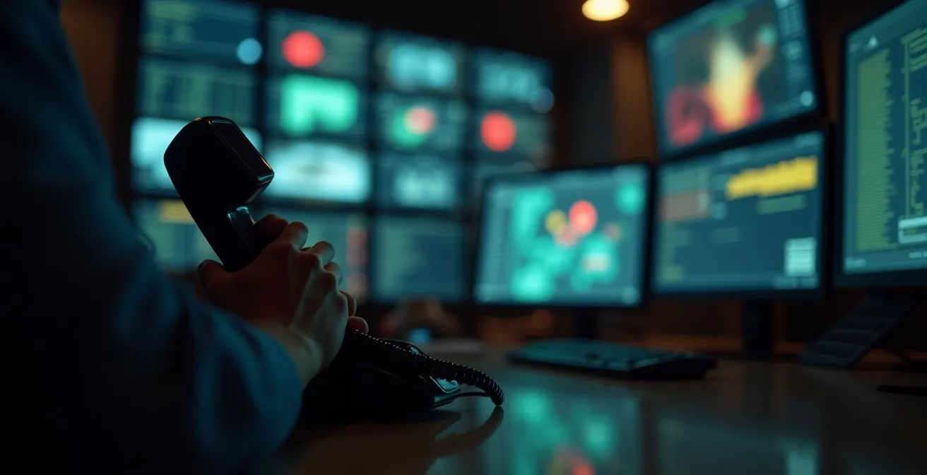 Opératrice de centrale d'alarme vérifiant une alerte avant d'appeler la police