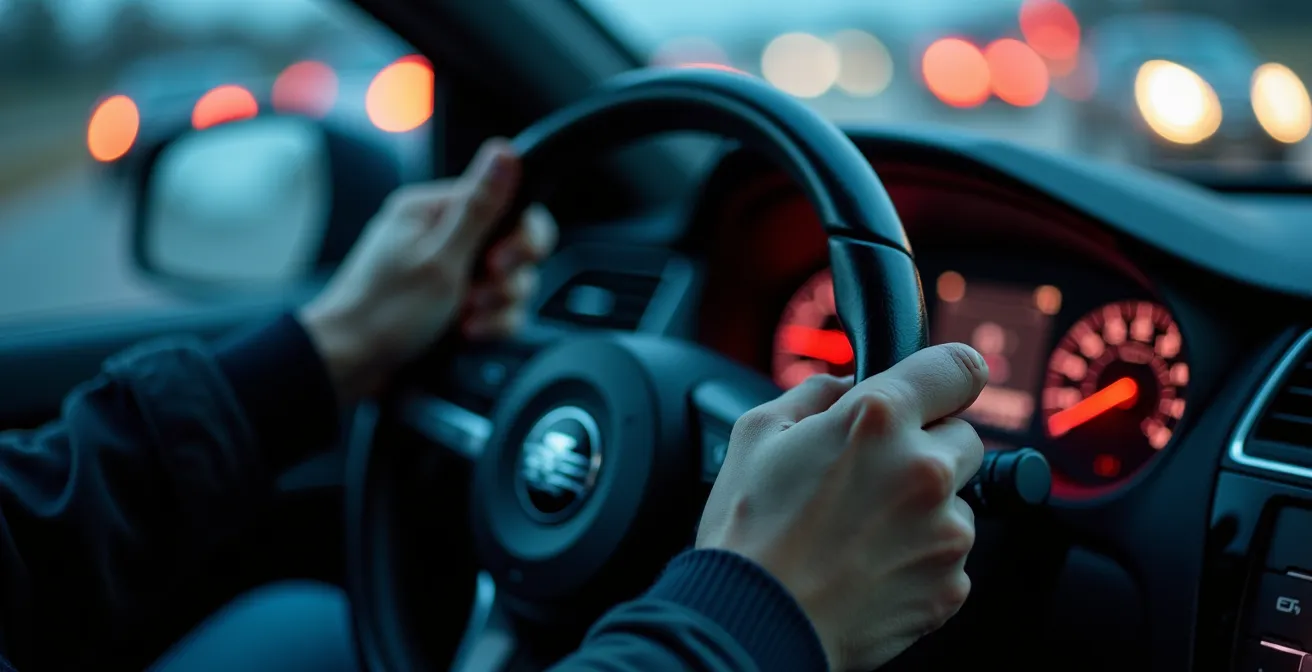Vue macro d'un volant avec reflets montrant la division de l'attention entre la route et une conversation