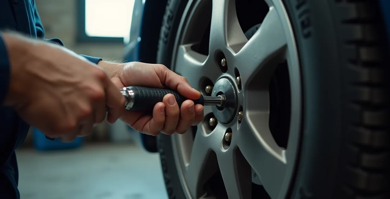 Mécanicien utilisant une clé dynamométrique pour resserrer un écrou de roue