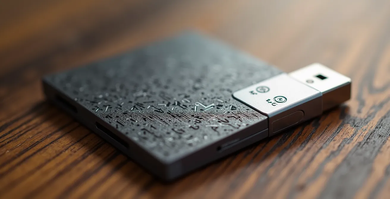 Vue macro d'une clé USB sécurisée et d'une plaque métallique gravée pour les codes de récupération