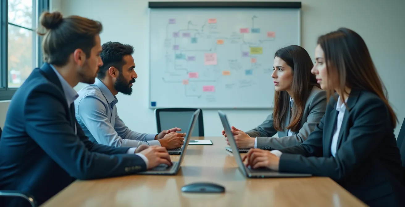 Équipe de gestion de crise en réunion dans une salle de conférence québécoise moderne