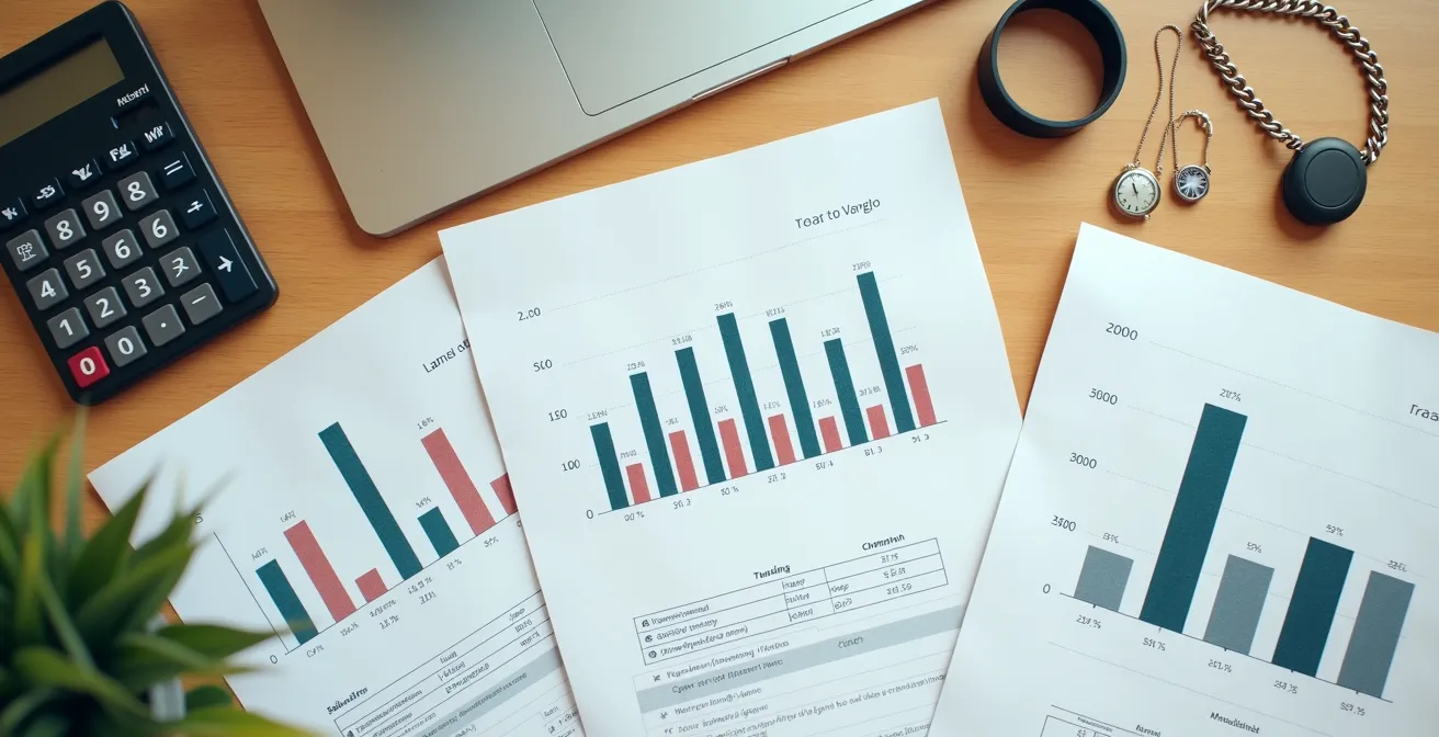 Table de travail avec documents financiers et dispositifs d'alerte médicale pour comparaison de prix