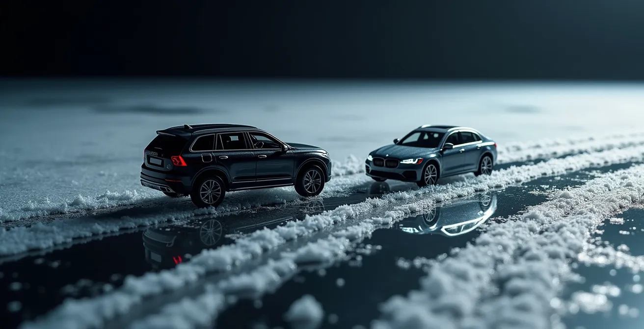 Comparaison visuelle du freinage d'un VUS et d'une berline sur glace noire montrant la différence de distance