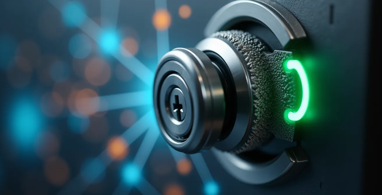 Gros plan technique sur une serrure intelligente moderne avec indicateurs de batterie et signaux de connexion sans fil abstraits