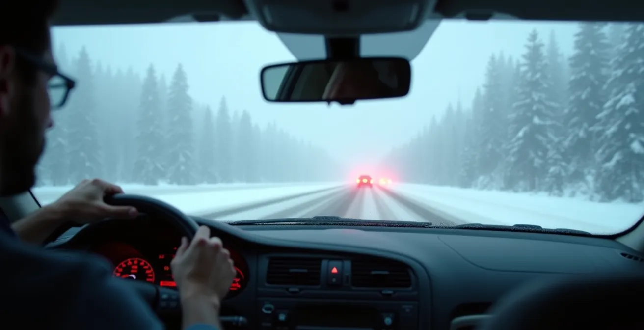 Vue depuis l'intérieur d'un véhicule dans une tempête de poudrerie avec visibilité réduite