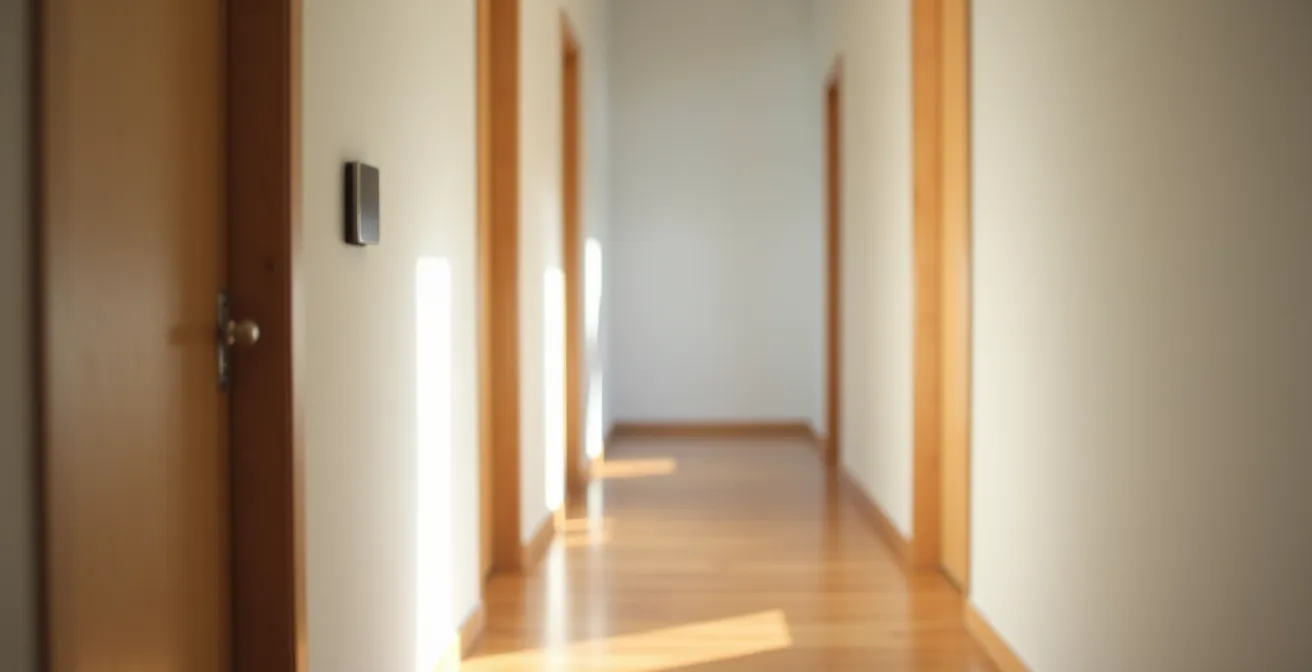 Couloir résidentiel québécois avec détecteur de CO visible près des portes de chambres