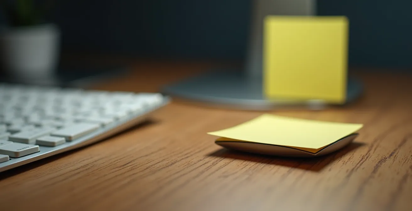 Vue macro d'un bureau avec des éléments suggérant la négligence sécuritaire sans montrer de texte