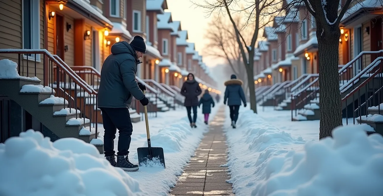 Scène de rue résidentielle québécoise montrant l'entraide entre voisins en hiver