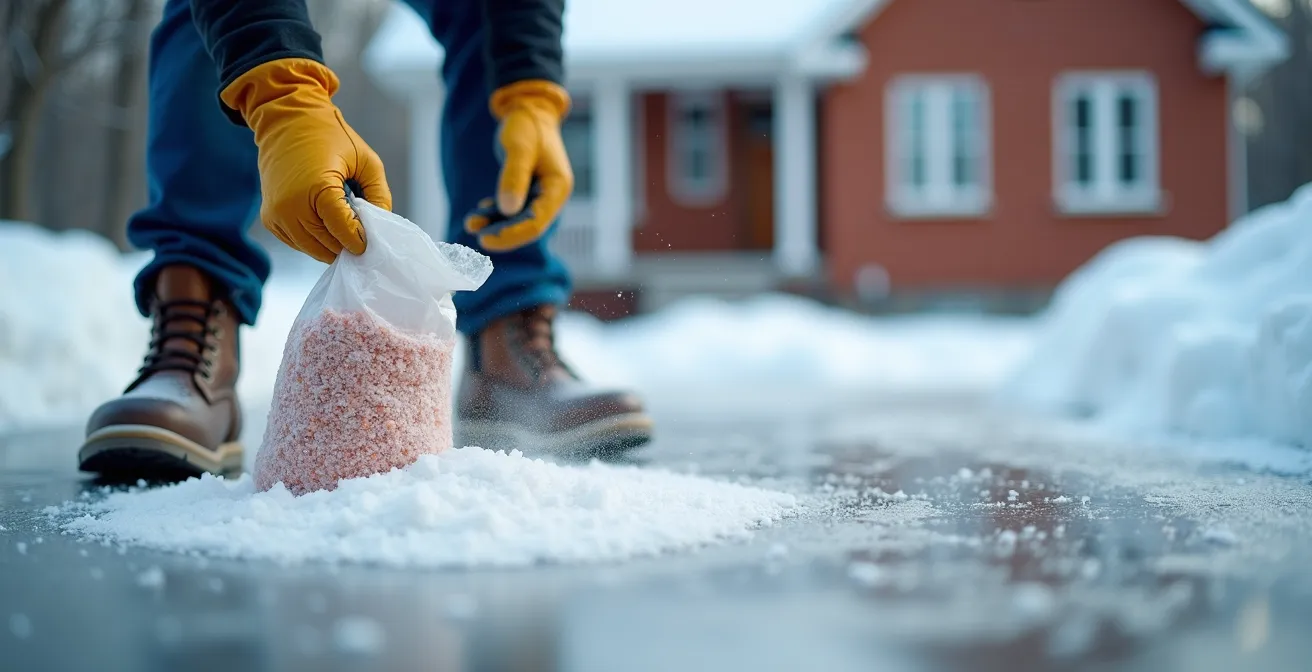 Propriétaire québécois épandant du sel de déglaçage sur une allée glacée en hiver
