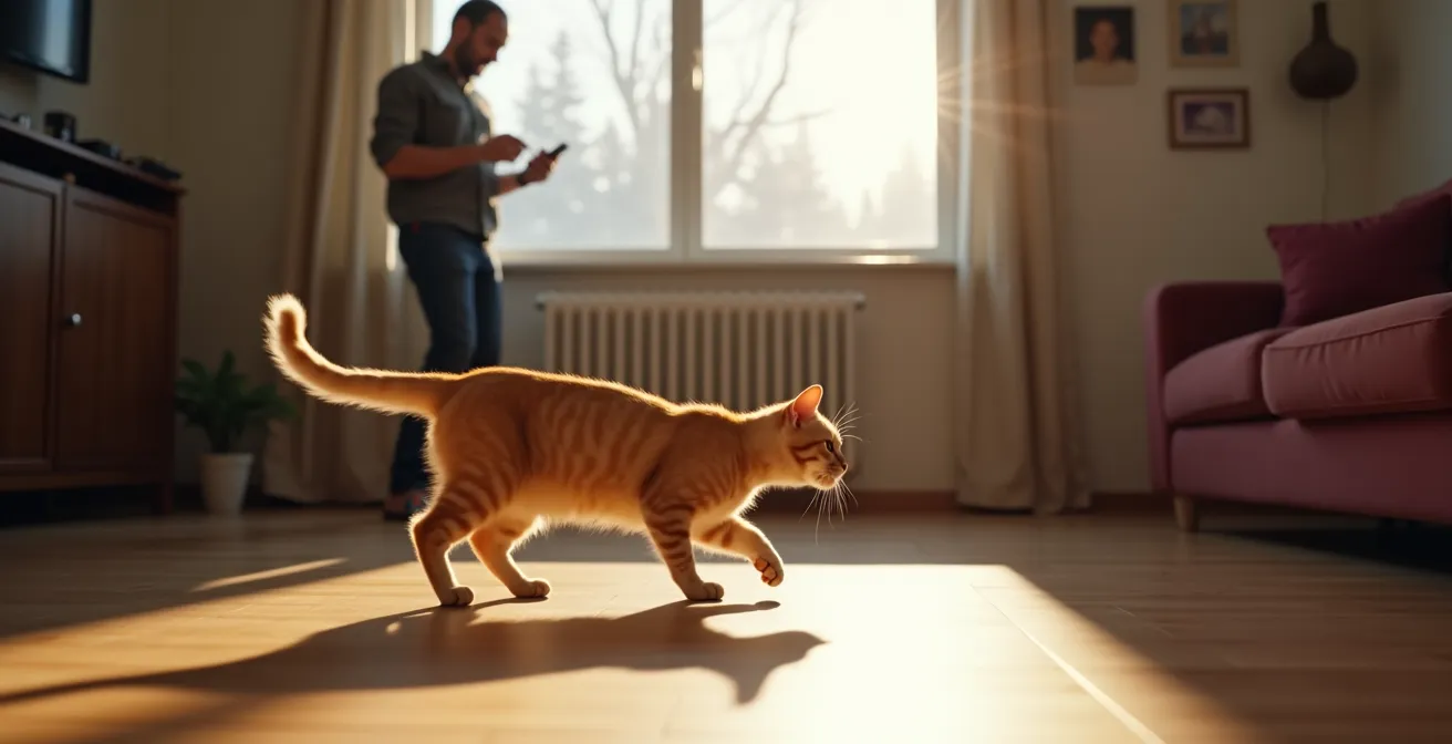Détecteur de mouvement mal positionné dans un salon avec un chat qui passe dans la zone de détection