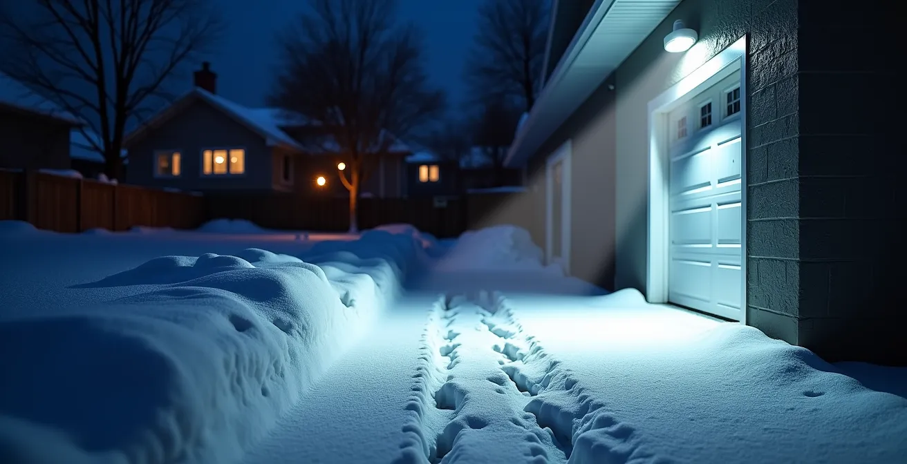 Entrée de garage québécoise en hiver avec système d'éclairage à détection illuminant des traces de pas dans la neige fraîche