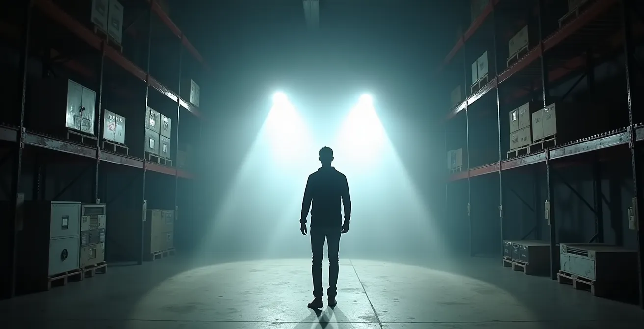 Effet stroboscopique intense dans un entrepôt industriel créant une désorientation visuelle