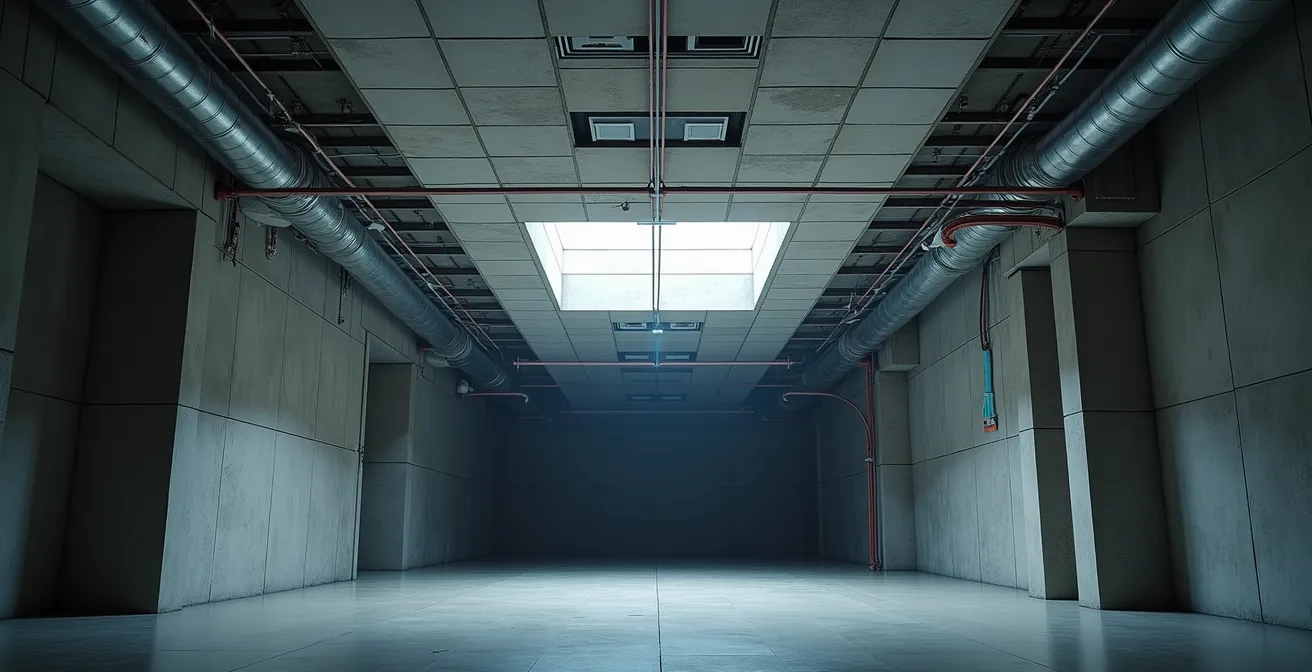 Coupe architecturale montrant l'espace au-dessus des faux plafonds dans un immeuble de bureaux