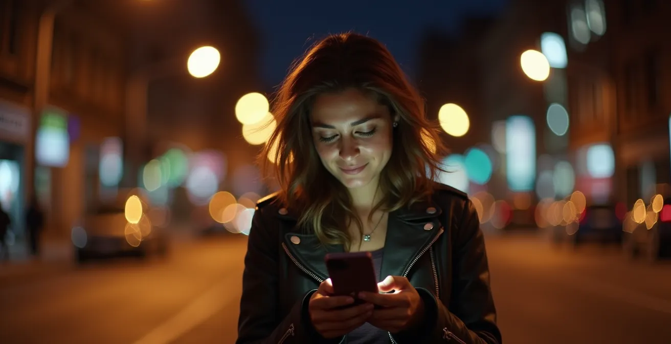 Portrait d'une femme confiante utilisant son téléphone pour commander un transport sécurisé, éclairage urbain nocturne