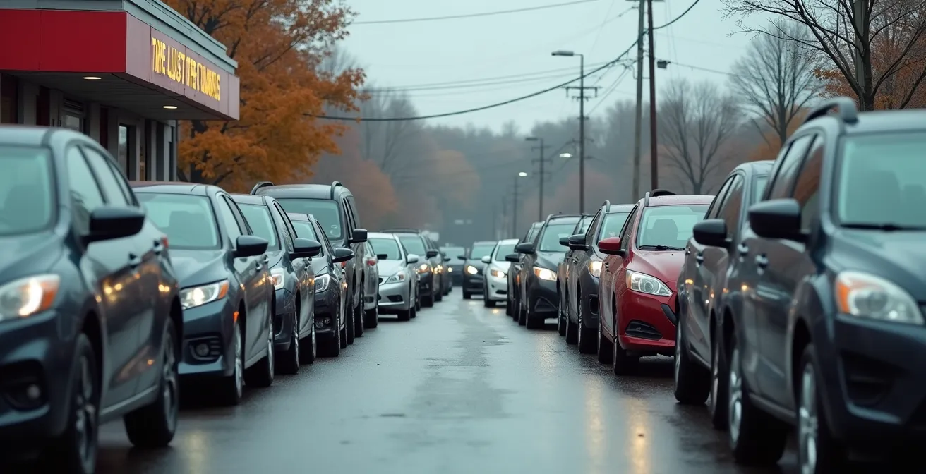 File d'attente de voitures devant un garage de pneus en novembre