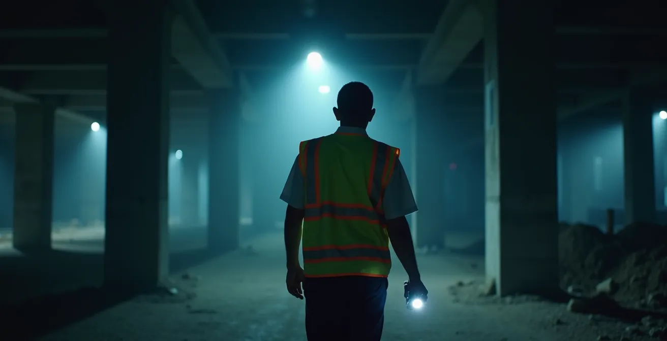 Gardien de sécurité effectuant une ronde de nuit avec équipement de communication
