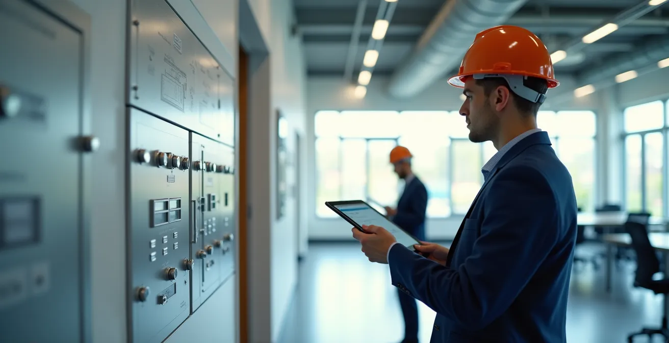 Technicien certifié effectuant une inspection de reprise de conformité ULC dans un local commercial