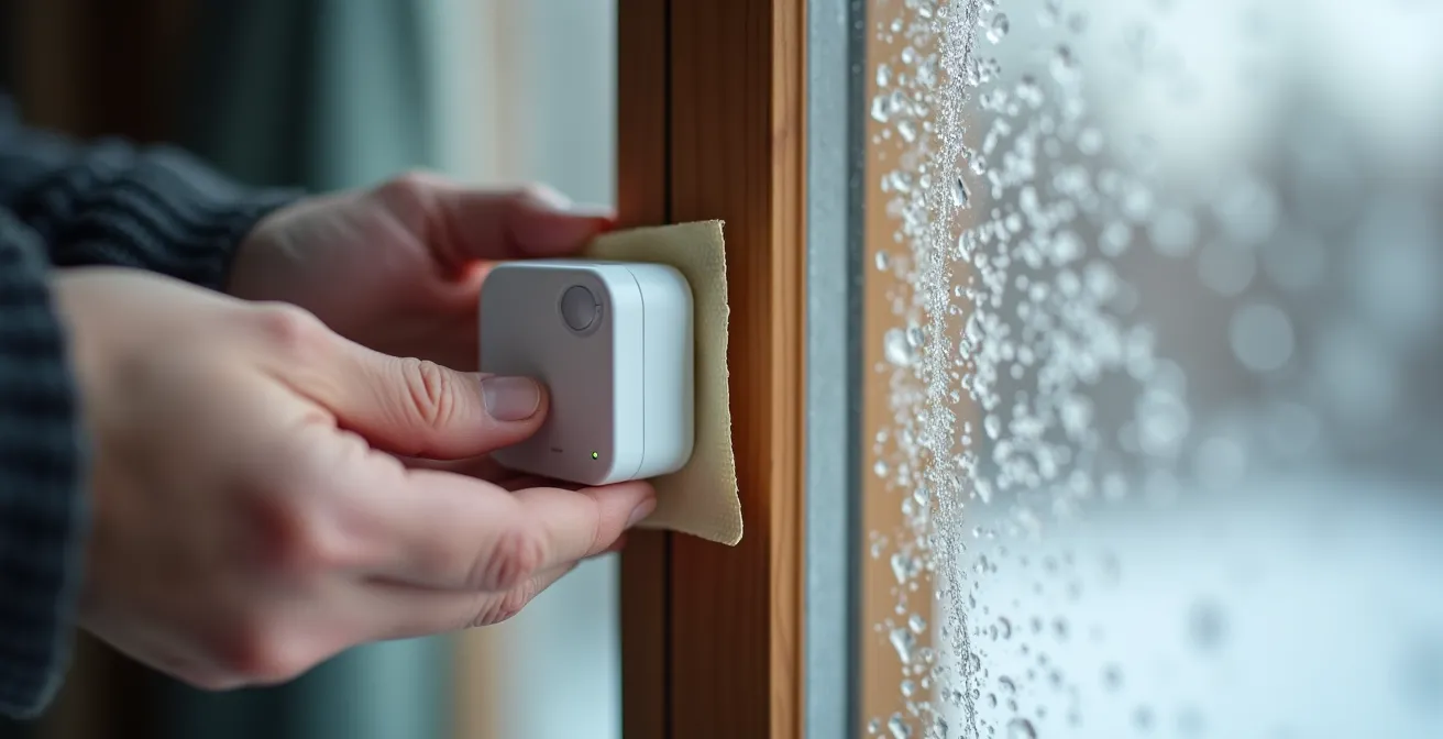 Installation d'un capteur d'alarme sans fil sur une fenêtre avec adhésif double face dans une maison québécoise