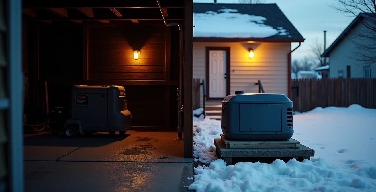 Génératrice installée à l'extérieur d'une maison québécoise en hiver, placée sur une plateforme surélevée loin des fenêtres