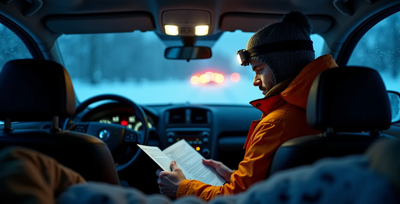 Intérieur d'une voiture la nuit avec plafonnier allumé et conducteur utilisant une lampe frontale