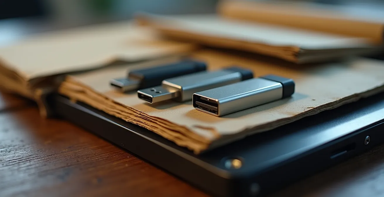 Vue macro détaillée montrant la texture d'archives papier et supports numériques entremêlés sur un bureau, illustrant la complexité de l'inventaire des données