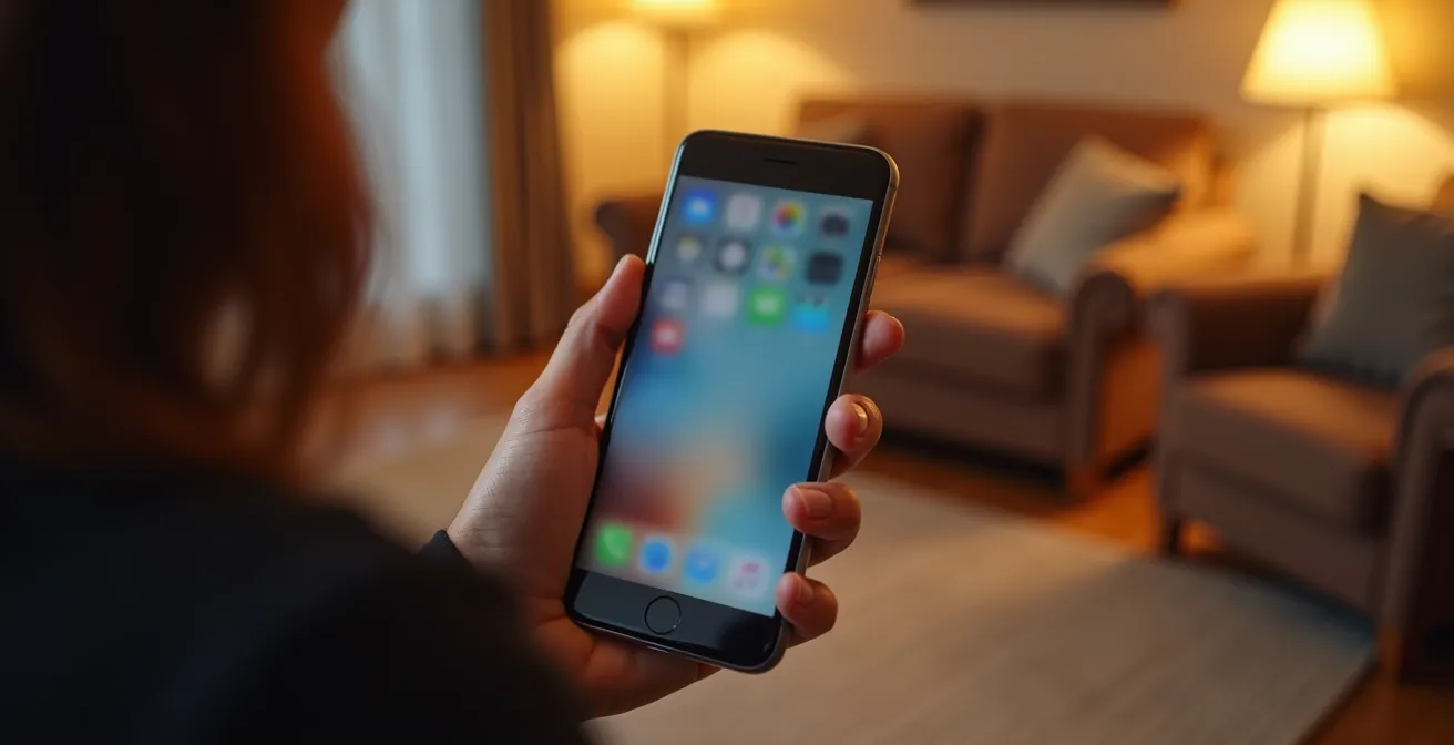 Main tenant un smartphone montrant de manière floue une interface d'application de serrure intelligente