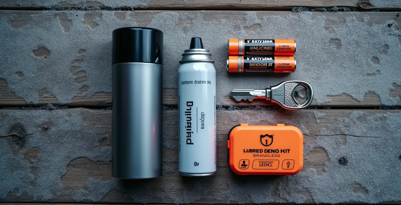 Kit d'urgence pour serrure connectée en hiver avec piles lithium et clé de secours sur surface en bois