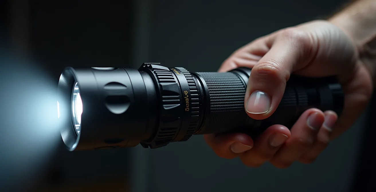 Gros plan sur une main tenant une lampe tactique avec mode stroboscopique activé