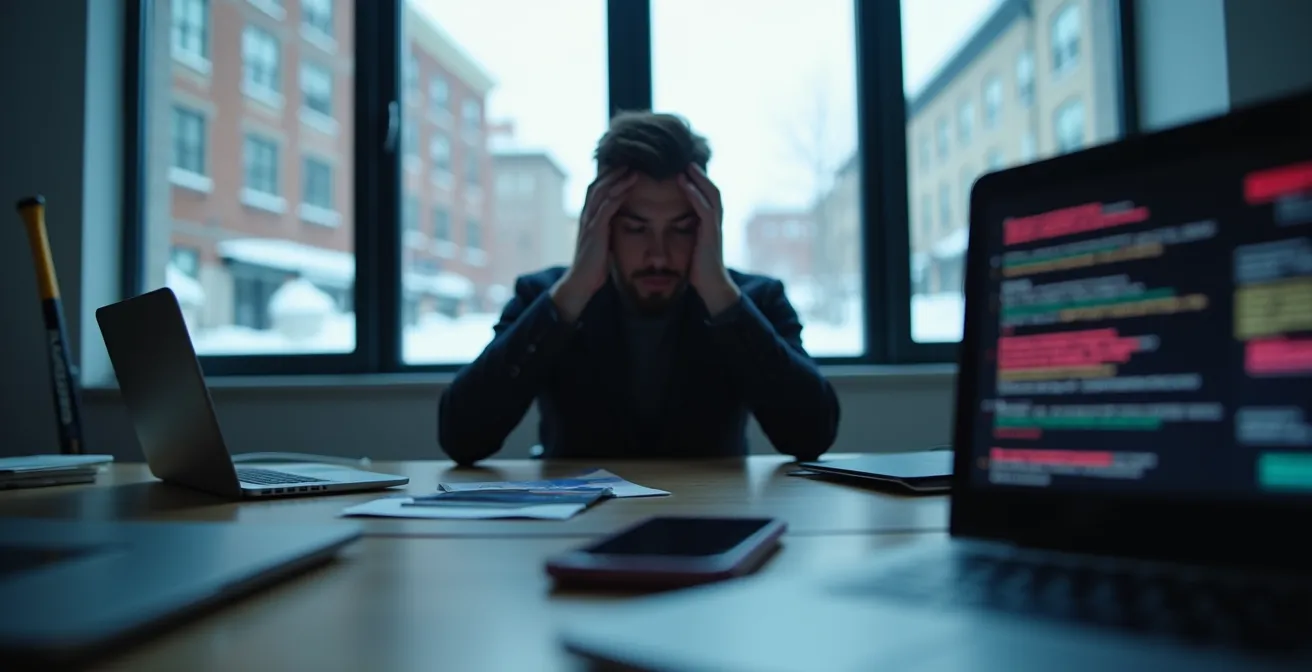 Vue minimaliste d'un bureau avec plusieurs appareils montrant des notifications de sécurité