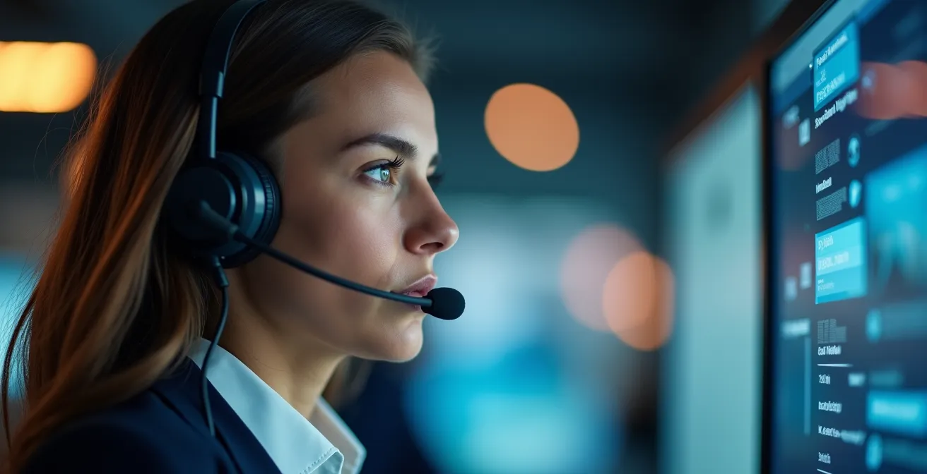 Opérateur professionnel en centrale de surveillance vérifiant des protocoles de sécurité dans un environnement contrôlé