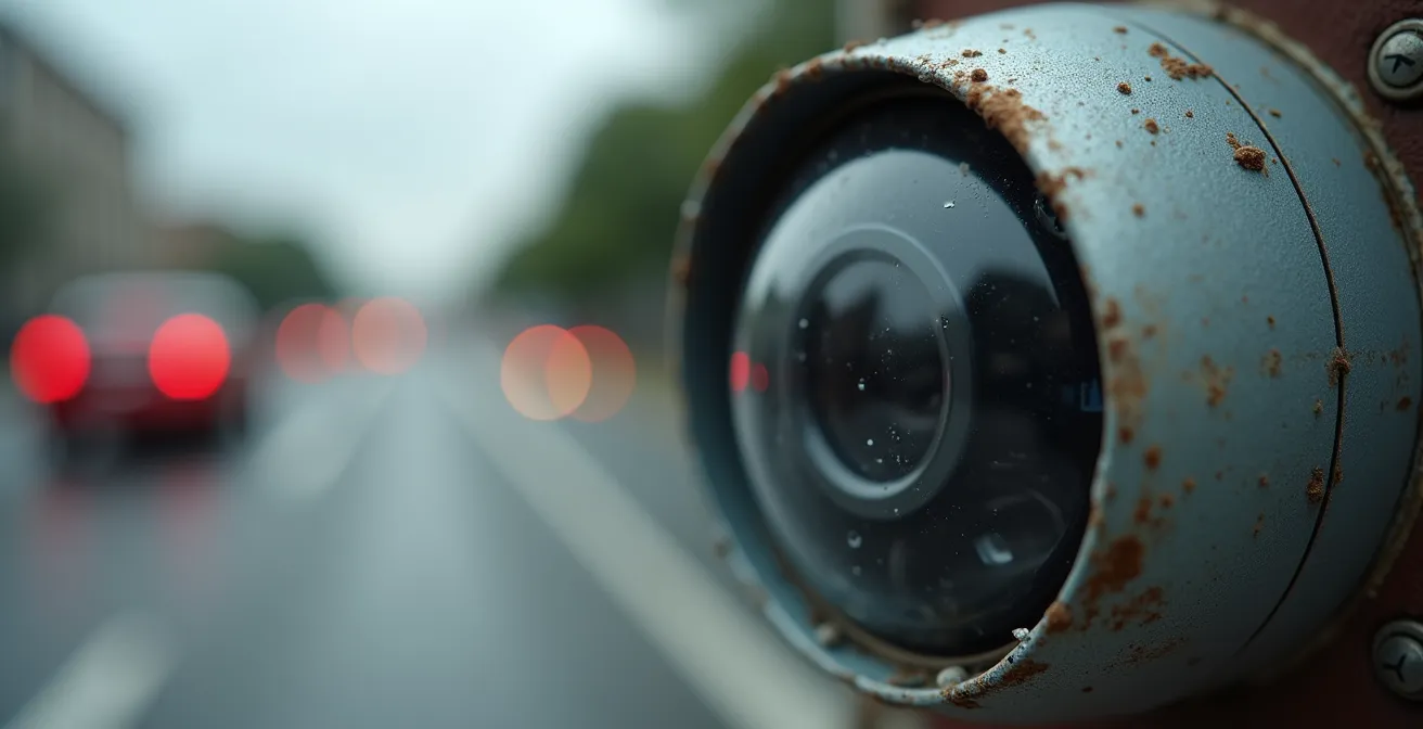 Vue macro d'un radar automatique le long d'une route québécoise avec effet de mouvement