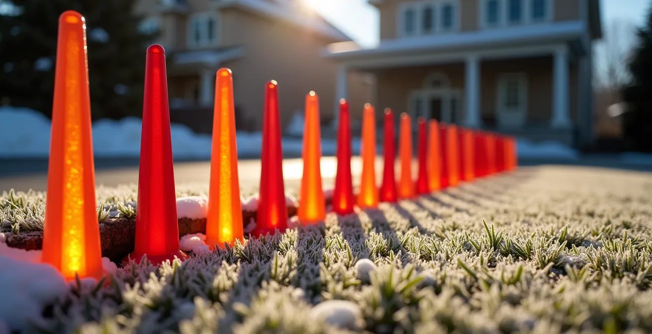 Piquets de déneigement colorés plantés le long d'une entrée résidentielle québécoise avant l'arrivée de la neige
