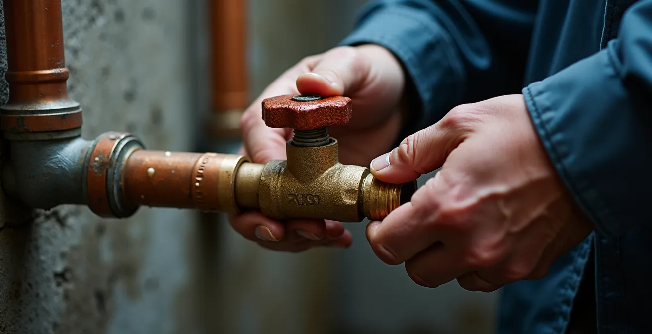 Gros plan sur des mains expertes manipulant une valve de purge dans un sous-sol