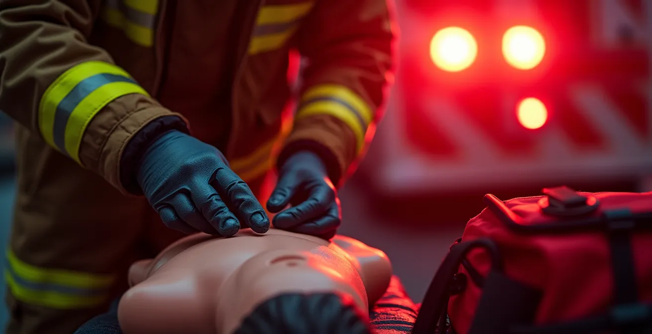 Pompier premier répondant utilisant un défibrillateur lors d'une intervention d'urgence
