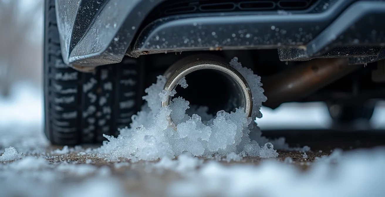 Vue rapprochée d'un pot d'échappement de voiture complètement obstrué par la neige et le verglas