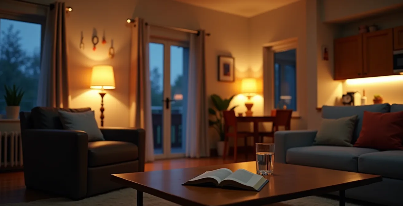 Intérieur d'une maison au crépuscule avec éclairage intelligent créant une ambiance de présence naturelle