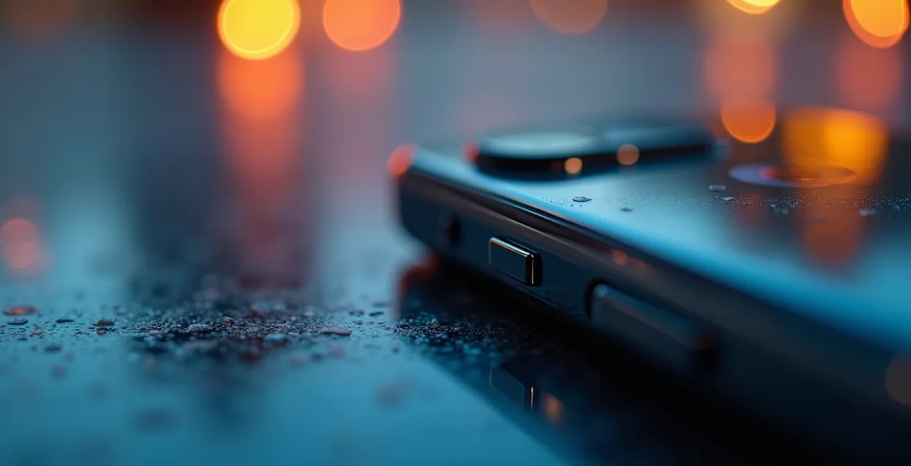 Vue macro d'un téléphone mobile montrant des paramètres de confidentialité avec des éléments visuels abstraits représentant la protection de la localisation