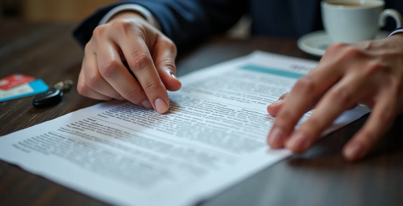 Mains tenant des documents de location avec cartes d'identité floutées sur table de négociation