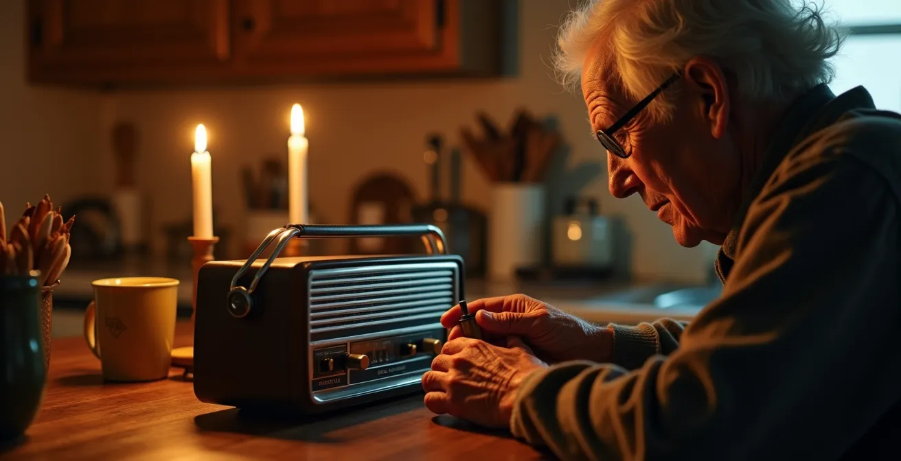 Radio à manivelle posée sur une table de cuisine québécoise pendant une panne de courant, éclairée à la bougie