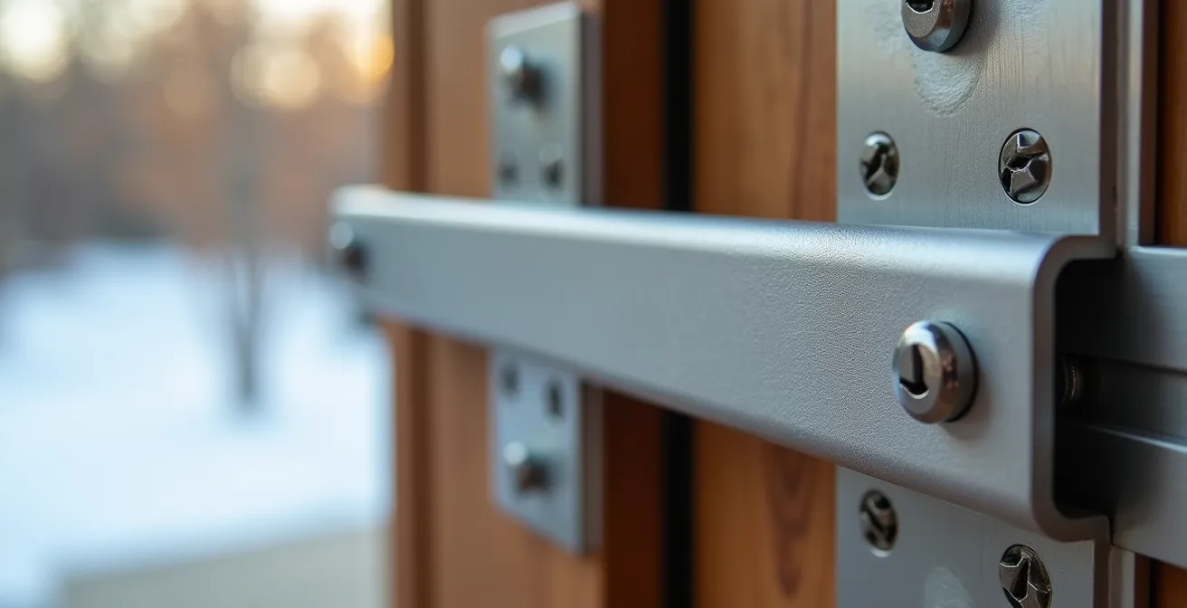 Gros plan sur système de verrouillage renforcé d'une porte-patio avec barre de sécurité Charlie bar et vis de 3 pouces